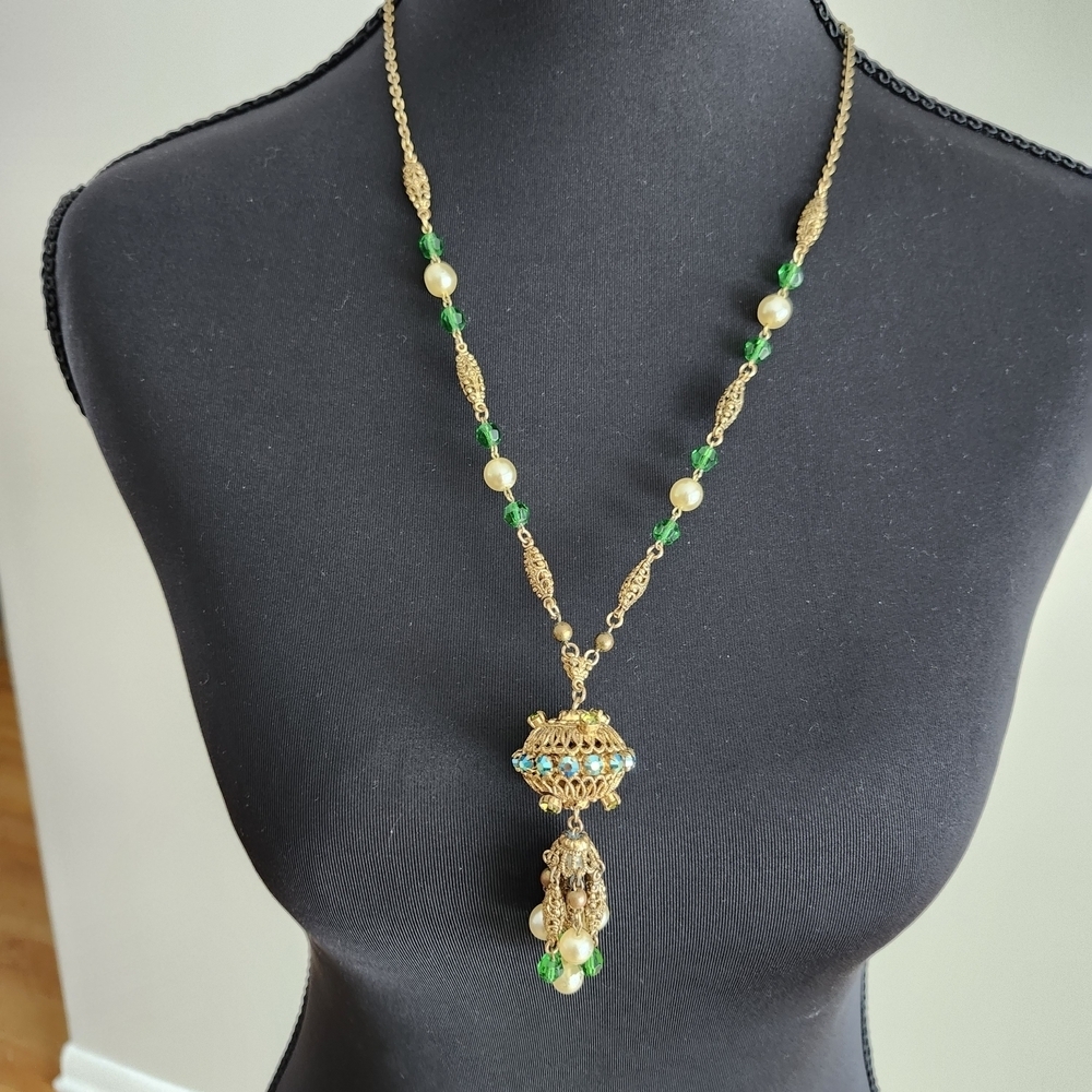 Gold and Green Beaded Necklace
